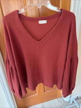 Altar'd State Waffle Knit V-Neck Sweater in Brick Red
